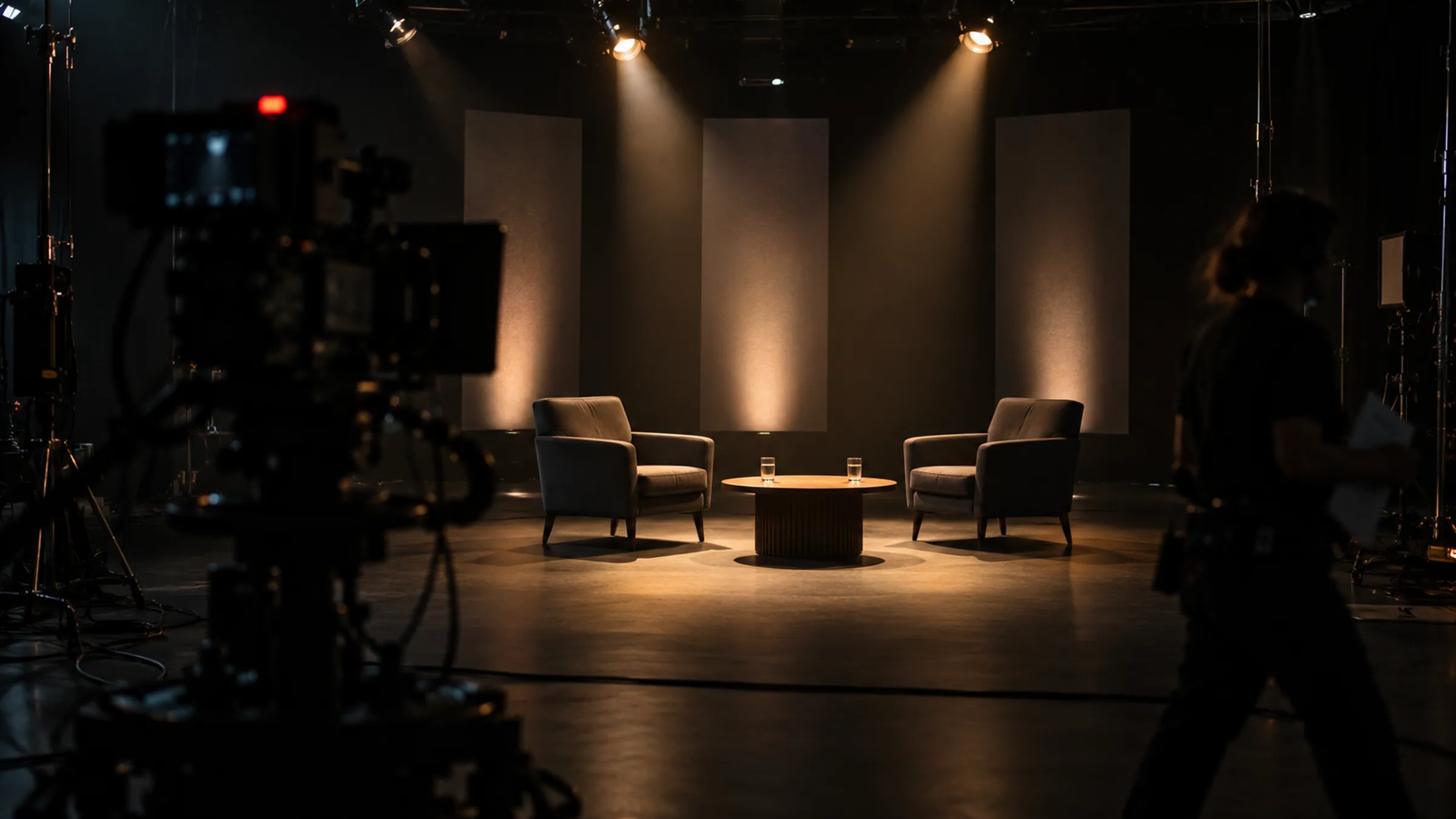 Un plateau de débat éclairé dans un studio plongé dans le noir, deux fauteuils face à face.