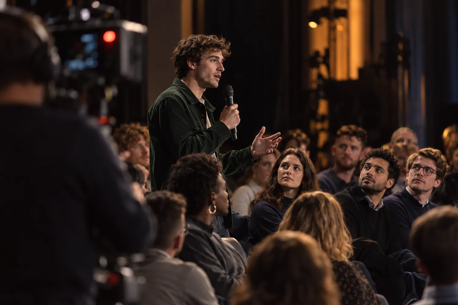 Dans le public, un jeune homme s’est levé pour poser sa question au micro.